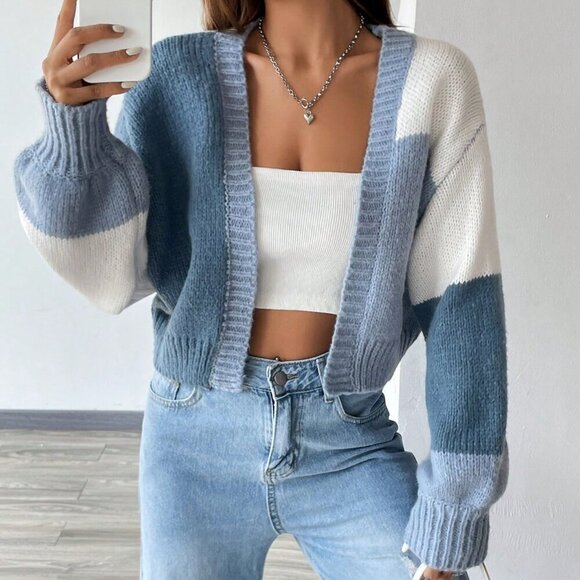 Multicolor Casual Women's Colorblock Drop Shoulder Duster Cardigan - Picture 6 of 7